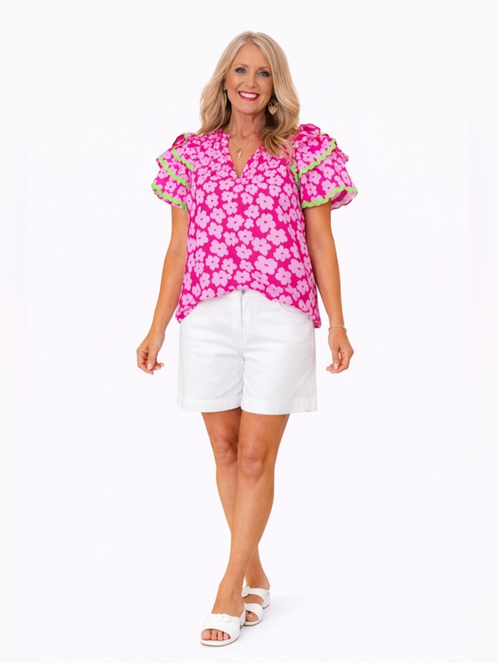 EntroHot Pink Floral Ruffle Sleeve Blouse with Lime Ric Rac Trim Size Large